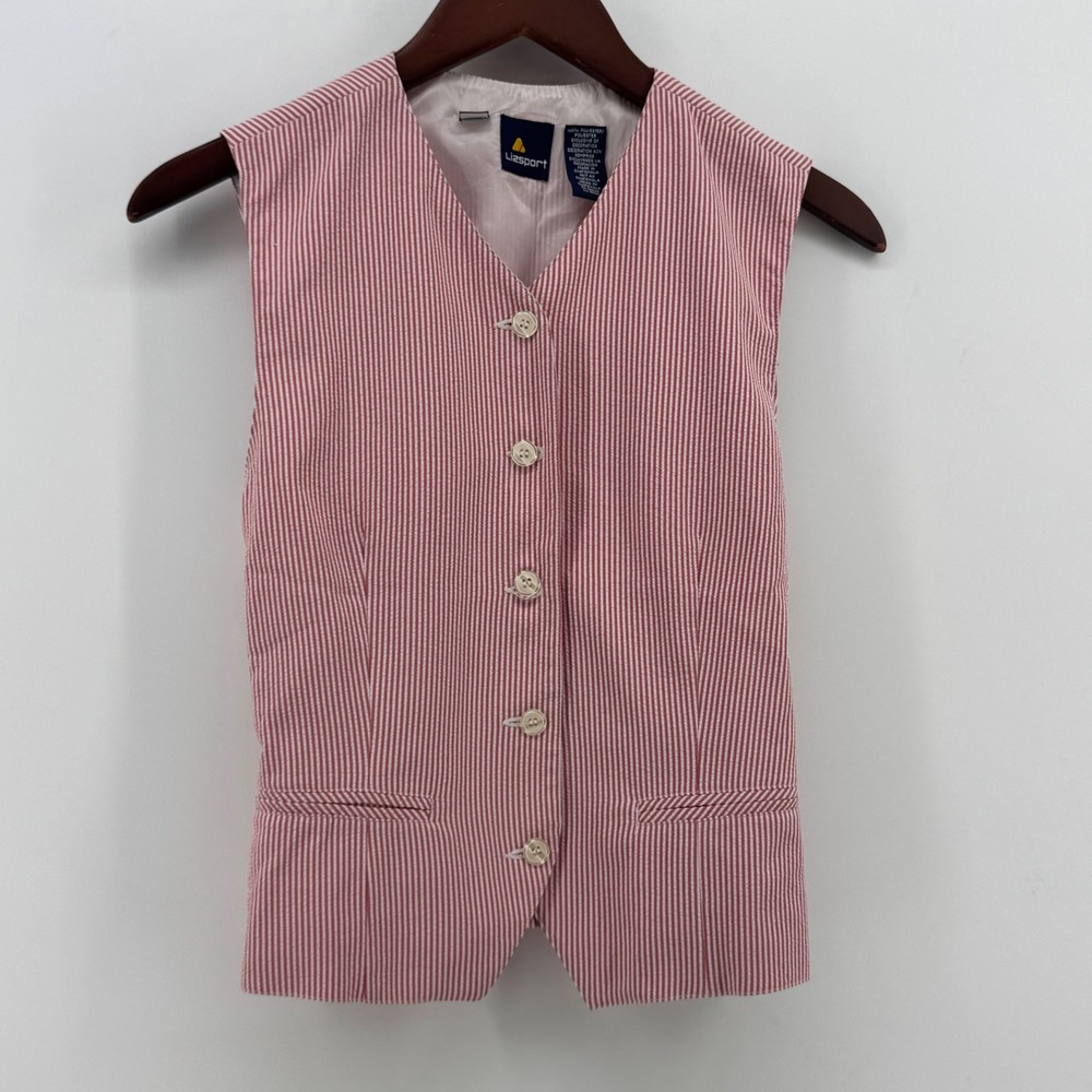 Lizsport Womens Red White Seersucker Striped Button Front Vest Size 4 Cinch Back